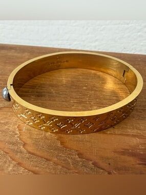Gold Tone Monogram Engraved Bangle Bracelet | Designer Inspired Cuff